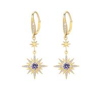 REDSUN Moonstone Earrings 925 Sterling Silver Eight Pointed Star Sun/Moon Hanging Earrings Rainbow Moonstone Jewelry for Girls Mother Daughter Ladies Girlfriend Gift, Sterling Silver, Cubic Zirconia