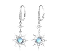 REDSUN Moonstone Earrings 925 Sterling Silver Eight Pointed Star Sun/Moon Hanging Earrings Rainbow Moonstone Jewelry for Girls Mother Daughter Ladies Girlfriend Gift, Sterling Silver