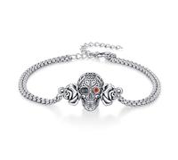 REDSUN Skull Bracelet 925 Silver Sterling Bone Rose Gothic Punk Skull Bone Chain Unisex Silver with Red Lobster Claw Chain Bracelet