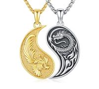 REDSUN Yin Yang Chain 925 Sterling Silver Yin Yang Dragon Phoenix Couple Pendant Partner Chains for Him and Him Dragon Pendant Jewellery Gifts for Women Men Couple Partner Birthday Valentine's Day