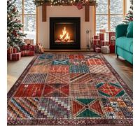 REDTAPISE Large Rugs Living Room, Multicoloured, 160 x 200 cm, Patchwork Vintage Terracotta Red Orange Dark Green Rug for Bedroom Dining Room Decor Anti-Slip Washable Carpets