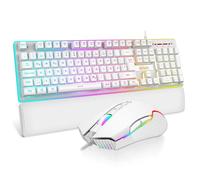 RedThunder K10 Gaming Keyboard and Mouse Set, QWERTZ DE Layout, Metal Plate and Wrist Rest, RGB Backlight - and 7D with Ergonomic - for PC Mac Gamer (White)