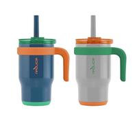 REDUCE 14 oz Coldee Tumbler with Handle for Kids - 2 Pack, Leakproof Insulated Stainless Steel Mug with Lid & Spill-Proof Straw, Keeps Drinks Cold up to 18 Hrs, Grey and Navy