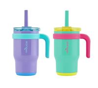 REDUCE 14 oz Coldee Tumbler with Handle for Kids - 2 Pack, Leakproof Insulated Stainless Steel Mug with Lid & Spill-Proof Straw, Keeps Drinks Cold up to 18 Hrs, Purple and Teal