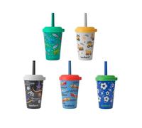 REDUCE GoGo's Kids Portable Tumbler Cups with Lids and Spill-Proof Straws - 5 Pack of Stackable 12 oz Tumblers with Twist-On Lids - Easy Storage, Dishwasher Safe - New Explorer