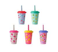 REDUCE GoGo's Kids Portable Tumbler Cups with Lids and Spill-Proof Straws - 5 Pack of Stackable 12 oz Tumblers with Twist-On Lids - Easy Storage, Dishwasher Safe - Fruity Cutie