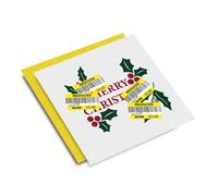 Reduced Sticker Merry Christmas Square Christmas Card - Novelty Funny Fun Joke Marked Down Discounted Personalised/Blank Message White Card Yellow Envelope (Blank Message)