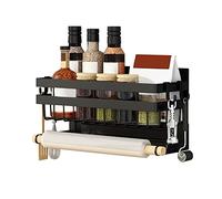 Redwestmelon Magnetic Fridge Spice Rack 2 Tier Kitchen Condiment Seasoning Storage Organizer Shelf, Refrigerator Side Rack with Paper Towel Holder and 4 Removable Mobile Hooks