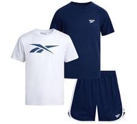 Reebok Boys Sports Shorts Set - 3 Piece Summer Clothing Outfit with Graphic T-Shirts and Basketball Shorts for Boys for Active Kids, darkblue, 5-6