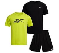 Reebok Boys Sports Shorts Set - 3 Piece Summer Clothing Outfit with Graphic T-Shirts and Basketball Shorts for Boys for Active Kids, Black/Lime Green/Black, 8