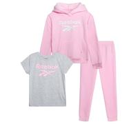 Reebok Girls' Activewear Set - 3-Piece Stylish Graphic T-Shirt, Fleece Pullover Hoodie, and Jogger Sweatpants (Size: 4-12), pink, 12