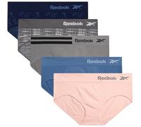 Reebok Hipster Panties for Women - 5 Pack Stretch Performance Seamless Underwear with Relaxed Tag-Free Waistband (S-XL), Evening Blue/Blue/Lotus/Sharkskin/Jacquard, XL