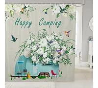 REECES Camping Theme Shower Curtain 180 x 180 cm, 3D Camping Theme Shower Curtains Mould Proof Resistant Polyester Fabric Bath Curtain, Waterproof Washable Bathroom Curtains with 12 Plastic Hooks