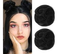 REECHO 2 PCS Mini Claw Clip in Messy & Cat Ears Hair Bun Extensions Wig Accessory Updo Hairpieces for Women Girls (Pack of 2-3.5" Wavy, Natural Black)