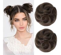 REECHO 2 PCS Mini Claw Clip in Messy & Cat Ears Hair Bun Extensions Wig Accessory Updo Hairpieces for Women Girls (Pack of 2-3.5" Wavy, Medium Brown with Highlights)