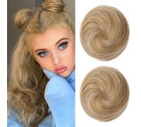 REECHO 2 PCS Mini Claw Clip in Messy & Cat Ears Hair Bun Extensions Wig Accessory Updo Hairpieces for Women Girls (Pack of 2-3" Straight, Golden with Blonde Highlights)