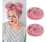 REECHO 2 PCS Mini Claw Clip in Messy & Cat Ears Hair Bun Extensions Wig Accessory Updo Hairpieces for Women Girls (Pack of 2-3.5" Wavy, Light Pink)