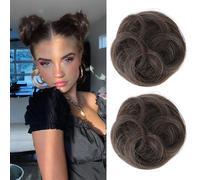 REECHO 2 PCS Mini Claw Clip in Messy & Cat Ears Hair Bun Extensions Wig Accessory Updo Hairpieces for Women Girls (Pack of 2-3.5" Wavy, Cool Dark Brown)