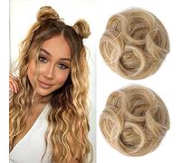REECHO 2 PCS Mini Claw Clip in Messy & Cat Ears Hair Bun Extensions Wig Accessory Updo Hairpieces for Women Girls (Pack of 2-3.5" Wavy, Golden with Blonde Highlights)