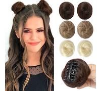 REECHO 2 PCS Mini Claw Clip in Messy & Cat Ears Hair Bun Extensions Wig Accessory Updo Hairpieces for Women Girls (Pack of 2-3" Straight, Dark Chocolate Brown)
