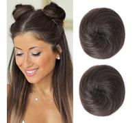 REECHO 2 PCS Mini Claw Clip in Messy & Cat Ears Hair Bun Extensions Wig Accessory Updo Hairpieces for Women Girls (Pack of 2-3" Straight, Cool Dark Brown)