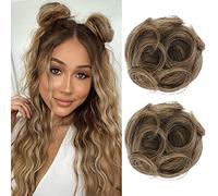 REECHO 2 PCS Mini Claw Clip in Messy & Cat Ears Hair Bun Extensions Wig Accessory Updo Hairpieces for Women Girls (Pack of 2-3.5" Wavy, Light Ash Brown with Highlights)