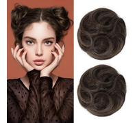 REECHO 2 PCS Mini Claw Clip in Messy & Cat Ears Hair Bun Extensions Wig Accessory Updo Hairpieces for Women Girls (Pack of 2-3.5" Wavy, Dark Brown with Copper Highlights)