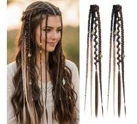 REECHO Clip in Braid Hair Extensions for Women, 16" Boho Dreadlock Clip in Braids with Beads & Charms, 2PCS Synthetic Braided Hairpieces for Cosplay Daily, Dark Chocolate Brown with Copper Mixed