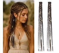 REECHO Clip in Braid Hair Extensions for Women, 16" Boho Dreadlock Clip in Braids with Beads & Charms, 2PCS Handmade Synthetic Braided Hairpieces for Cosplay Daily Styling, Dark Brown Mix