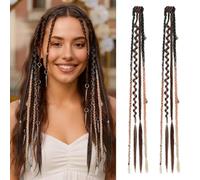 REECHO Clip in Braid Hair Extensions for Women, 20" Boho Dreadlock Clip in Braids with Beads & Charms, 2PCS Synthetic Braided Hairpieces for Cosplay Daily, Dark Chocolate Brown with Copper Mixed