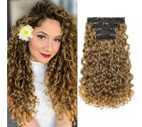 REECHO Clip in Hair Extensions - 4PCS 18" GoGo Curly Hair Extensions 100% Super Protein Hairpieces with Invisible Lace Weft Silky Soft Natural Look for Women - Mocha Foil with Lighter Ends