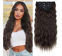 REECHO Clip in Hair Extensions, 5PCS Black Brown Hair Extensions 24" Thick Long Loose Waves hair extensions HE002 Invisible Lace Weft Natural Soft Hairpieces for Women ¨C Black Brown
