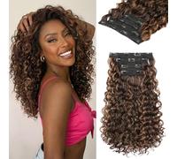 REECHO Curly Hair Extensions - 4PCS 14" GoGo Curly Clip in Hair Extensions 100% Super Protein Hairpieces with Invisible Lace Weft Silky Soft Natural Look - Warm Brown with Highlights