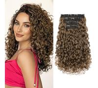 REECHO Curly Hair Extensions - 4PCS 14" GoGo Curly Clip in Hair Extensions 100% Super Protein Hairpieces with Invisible Lace Weft Silky Soft Natural Look for Women - Golden Walnut