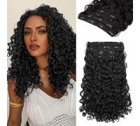 REECHO Curly Hair Extensions - 4PCS 14" GoGo Curly Clip in Hair Extensions 100% Super Protein Hairpieces with Invisible Lace Weft Silky Soft Natural Look for Women - Jet Black