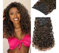 REECHO Curly Hair Extensions - 4PCS 14" GoGo Curly Clip in Hair Extensions 100% Super Protein Hairpieces with Invisible Lace Weft Silky Soft Natural Look - Mixed Warm Brown with Light Ends