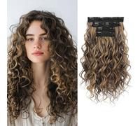 REECHO Curly Hair Extensions, 4PCS 16 inch Clip in Hair Extensions Lace Weft Short Curly Hair Extensions Clip Ins Invisible Natural Hairpieces for Women, Chocolate Brown with Highlights