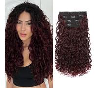 REECHO Curly Hair Extensions - 4PCS 18" GoGo Curly Clip in Hair Extensions 100% Super Protein Hairpieces with Invisible Lace Weft Silky Soft Natural Look for Women - Wirn Red