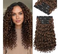REECHO Curly Hair Extensions - 4PCS 18" GoGo Curly Clip in Hair Extensions 100% Super Protein Hairpieces with Invisible Lace Weft Silky Soft Natural Look for Women - Golden Brown