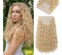 REECHO Curly Hair Extensions - 4PCS 18" GoGo Curly Clip in Hair Extensions 100% Super Protein Hairpieces with Invisible Lace Weft Silky Soft Natural Look for Women - Butter Blonde