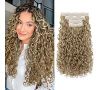 REECHO Curly Hair Extensions - 4PCS 18" GoGo Curly Clip in Hair Extensions 100% Super Protein Hairpieces with Invisible Lace Weft Silky Soft Natural Look for Women - Honey Blonde with Highlights