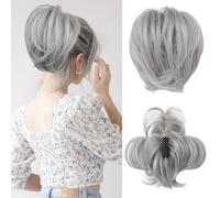 REECHO Messy Bun Hair Piece, Claw Clip Hair Bun Short Ponytail Extension with Bendable Metal Wire Fake Bun Hair Pieces for Women - Silver Grey