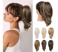 REECHO Ponytail Extension - 12" Short Claw Clip in Ponytail Hair Extension Wavy Clip in Ponytail Natural Soft Synthetic Pony Tail Hair Pieces for Women (Dark Brown with Highlights)