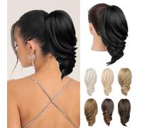 REECHO Ponytail Extension - 12" Short Claw Clip in Ponytail Hair Extension Wavy Clip in Ponytail Natural Soft Synthetic Pony Tail Hair Pieces for Women (Black)
