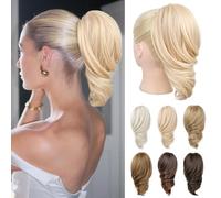 REECHO Ponytail Extension - 12" Short Claw Clip in Ponytail Hair Extension Wavy Clip in Ponytail Natural Soft Synthetic Pony Tail Hair Pieces for Women (Light Blonde)