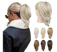 REECHO Ponytail Extension - 12" Short Claw Clip in Ponytail Hair Extension Wavy Clip in Ponytail Natural Soft Synthetic Pony Tail Hair Pieces for Women (Ash Blonde with Highlights)
