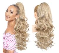 REECHO Ponytail Extension, 24" Claw Clip in Long Curly Wavy Ponytail Hair Extension Jaw Clip on Pony Tails Hairpiece for Women - Medium Blonde with Pale Highlights