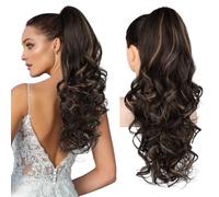 REECHO Ponytail Extension, 24" Claw Clip in Long Curly Wavy Ponytail Hair Extension Jaw Clip on Pony Tails Hairpiece for Women - Dark Chocolate Brown with Highlights