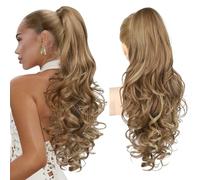 REECHO Ponytail Extension, 24" Claw Clip in Long Curly Wavy Ponytail Hair Extension Jaw Clip on Pony Tails Hairpiece for Women - Light Brown with Highlights