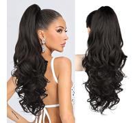 REECHO Ponytail Extension, 24" Claw Clip in Ponytail Extension Long Curly Wavy Ponytail Hair Extension Jaw Clip on Pony Tails Hairpiece for Women - Black Brown